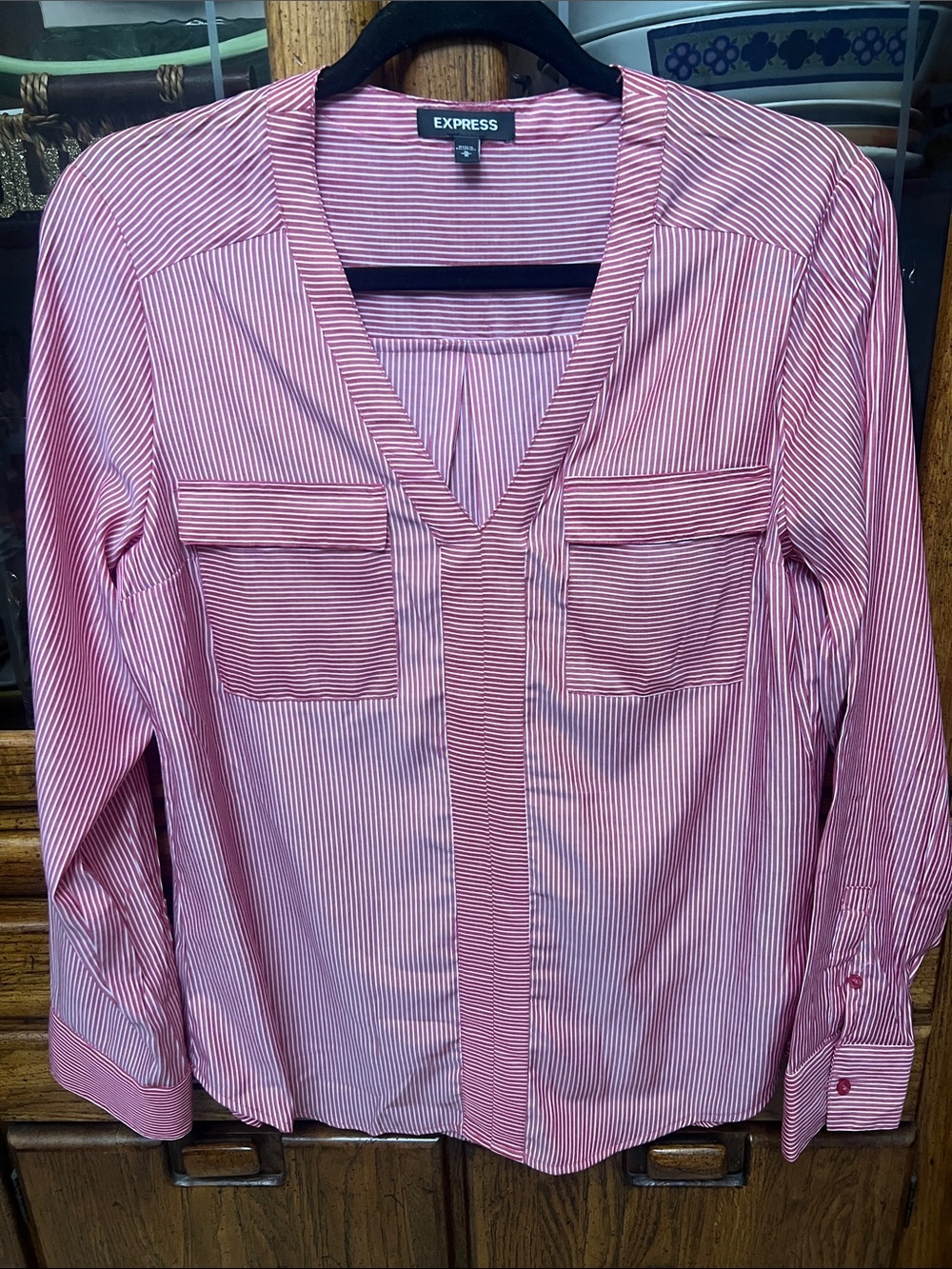 Express Women’s Pink and White Striped blouse